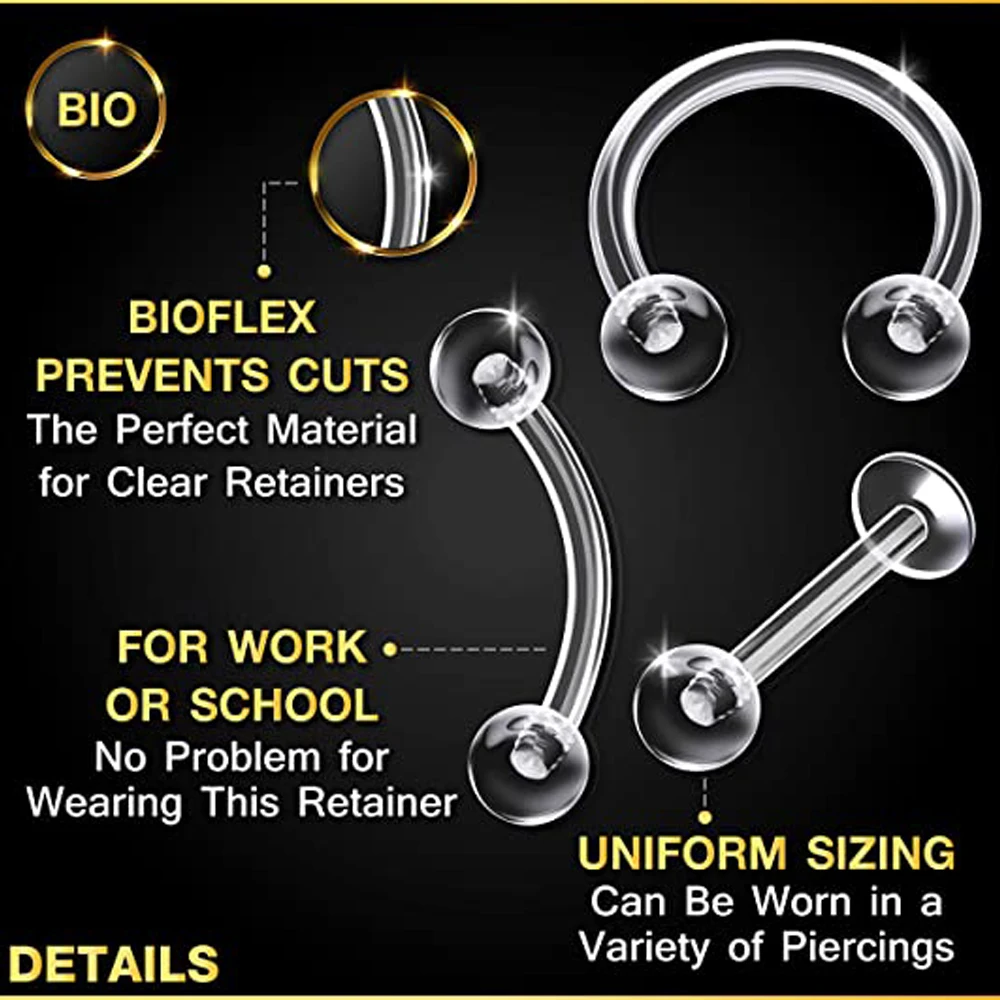 WKOUD 6PCS Bioplastic Clear Horseshoe Piercing 16 Gauge Ball Eyebrow Lobe Labret Earrings Cartilage Jewelry See More Sizes