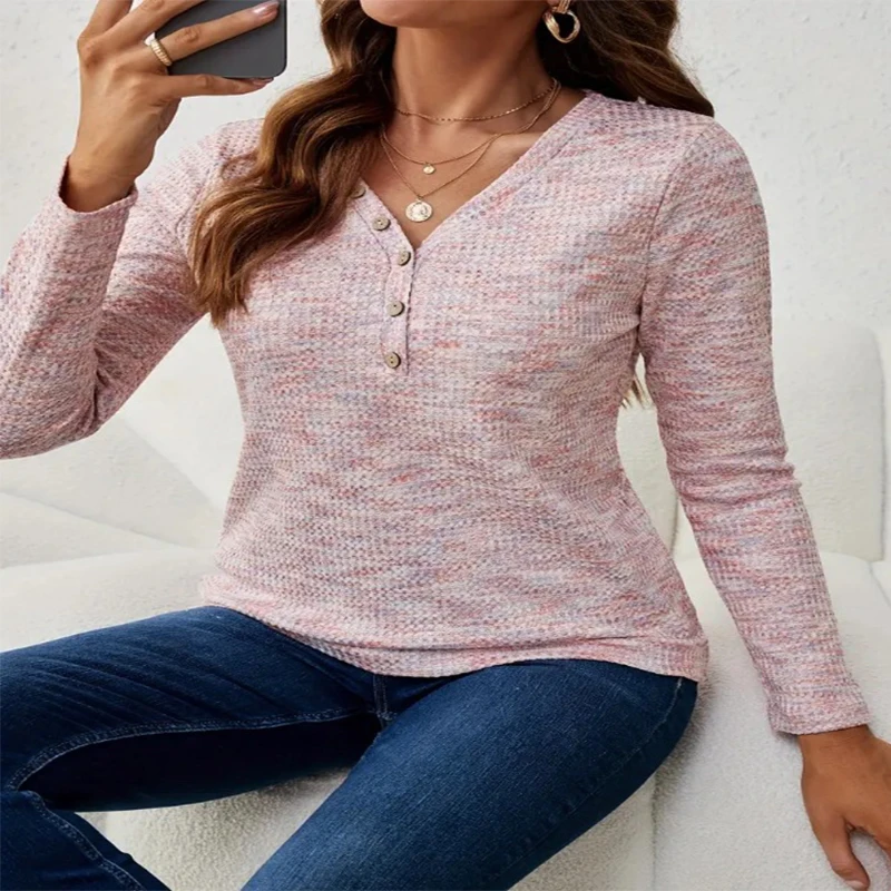 Women‘s Autumn Winter Long Sleeve Button Tops T-shirt Fashion Clothing For Casual Life