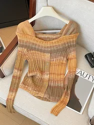 American Style Retro Striped Long Sleeve Sweater Women New Square Collar Design Knitted Cardigan Autumn Elegant Casual Slim Tops