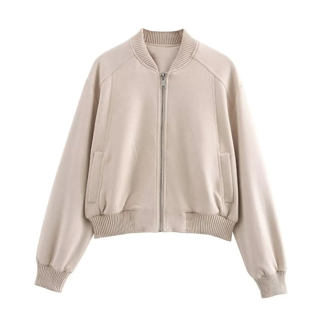 

Women's Suede Texture Effect Bomber Jacket Autumn European American Style Coat for Ladies