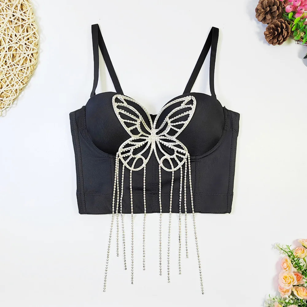 

New 2024 Design 3D Butterfly Beading Diamonds Tassel Corset Vest Women Party Night Club Sexy Bustier Push-up Bra Crop Top 44936