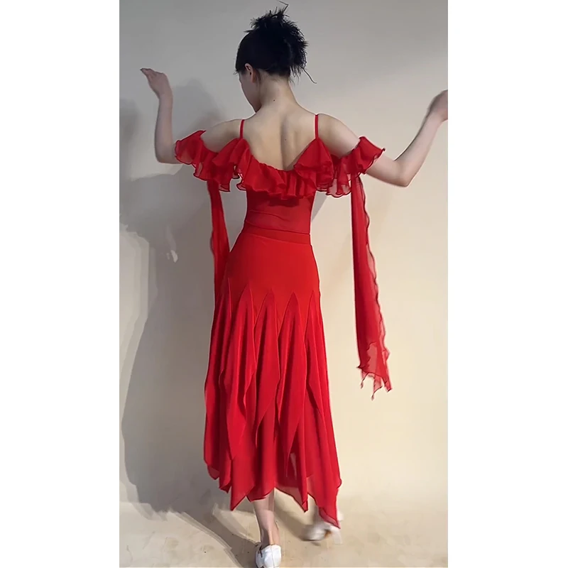 Red Ballroom Dance Clothes Off Shoulder Ruffled Tops Long Skirt Waltz Dance Dress Performance Costume Latin Competition Dress - Image 6
