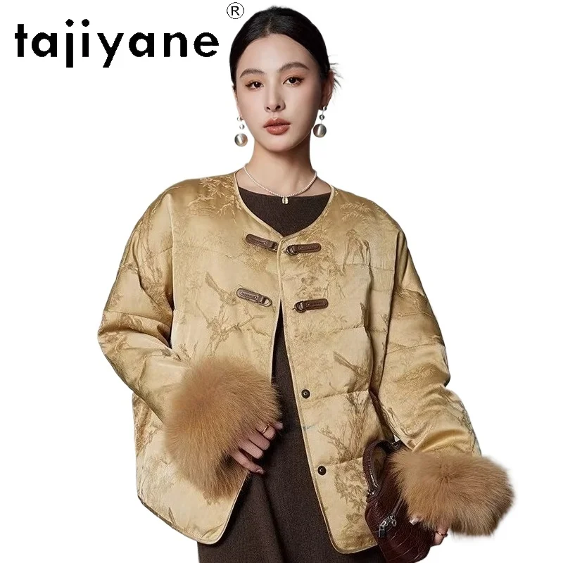 

TAJIYANE Goose Down Coats Luxury Fox Fur Cuffs Coat Short V-Neck Down Jackets Woman Winter Jacket 2025 Women Clothes Пуховики 패딩