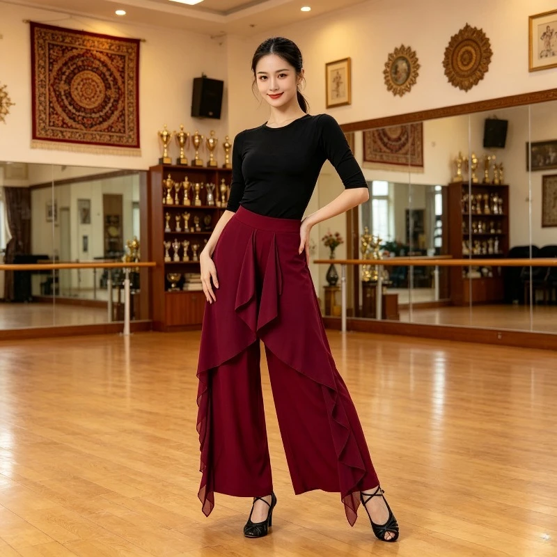 

Women High Waist Ruffled Wide Leg Dance Pants Soft Comfortable Ballet Style Practice Trousers performance accessories zym