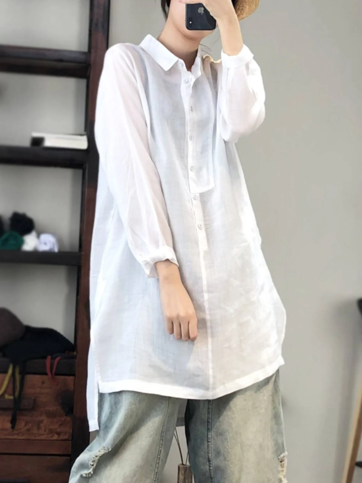 High-End Women's Artistic  Color Loose Fit Long Sve Cotton Linen irt Overhead Sle Korean Commute Faion