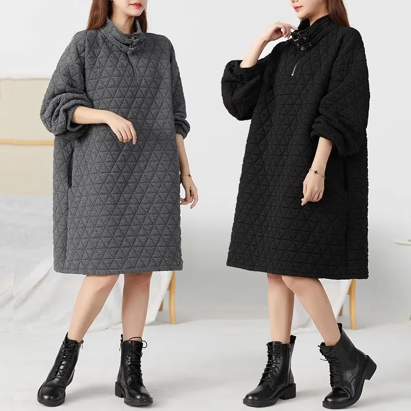 Women's Warm Dress Literature Casual Stand Up Collar Solid Color Thickened Autumn Winter Retro Mid Length Quilted Dress z3865