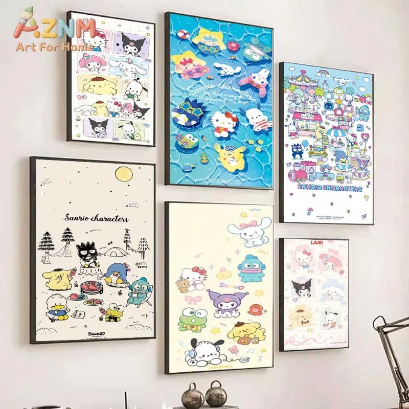 Sanrio Characters Hello Kitty Kuromi Cinnamoroll Canvas Poster Cute Cartoon Print Unframed Canvas Art Bow Star Sweet Kawaii Aest