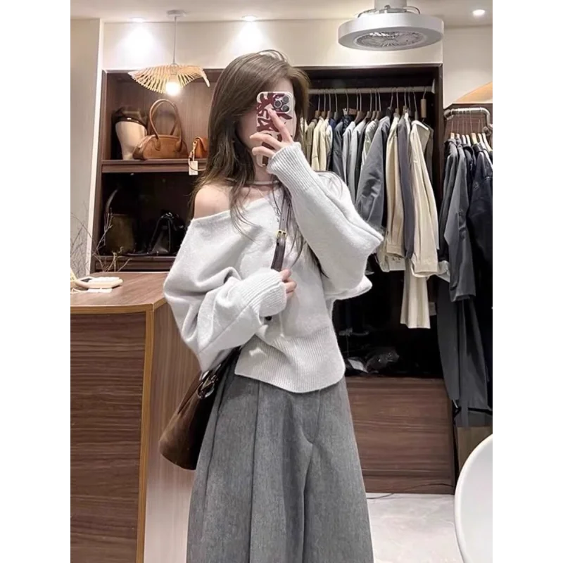 그레이 두꺼운 스프링 신상 레이지 스타일 롱 캐주얼 수트 하이웨이스트 스트레이트 와이드 팬츠