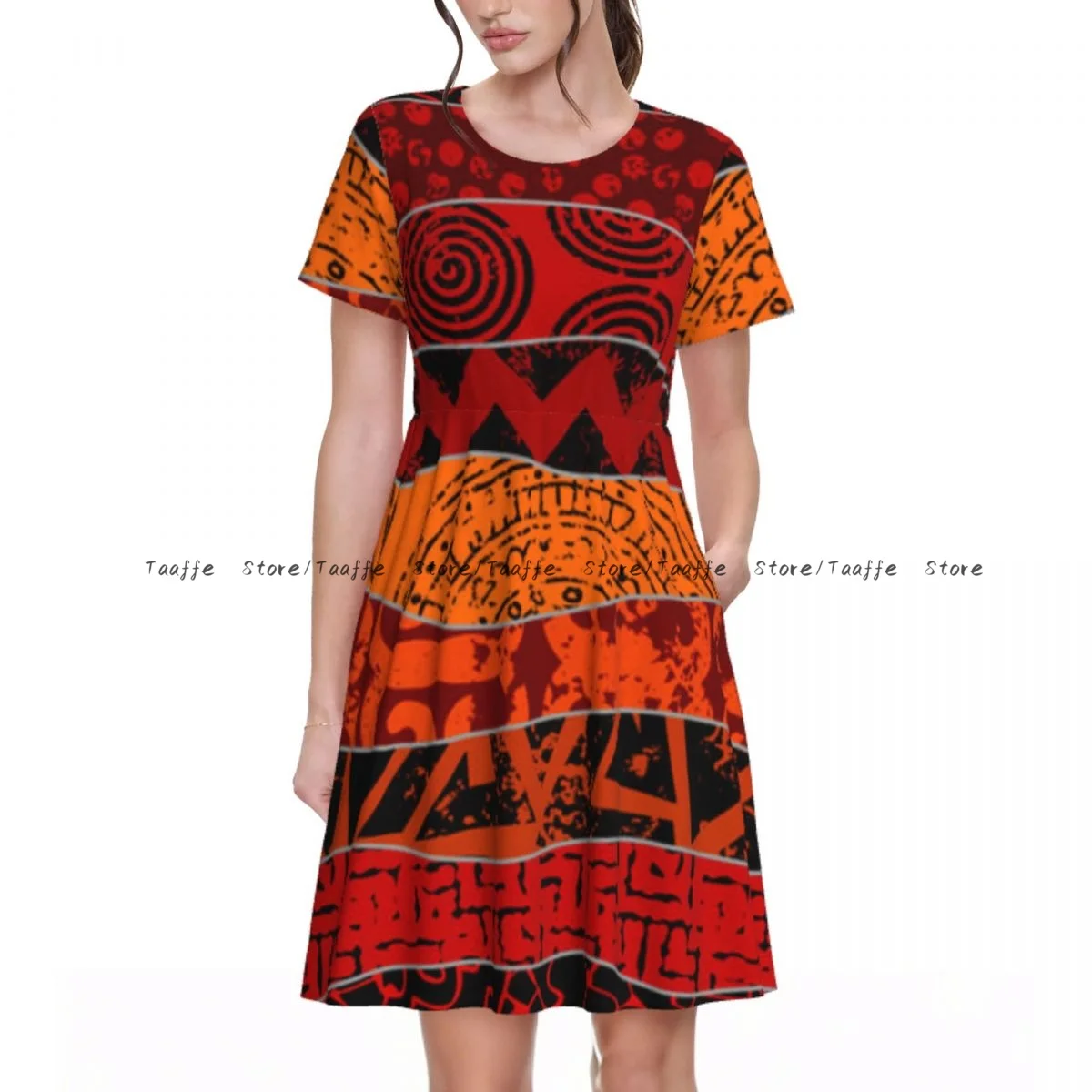 

Elegant Women Dress Ethnic Tribal Pattern Turn-down Collar Short Sleeve Body-Shaping Street Robe