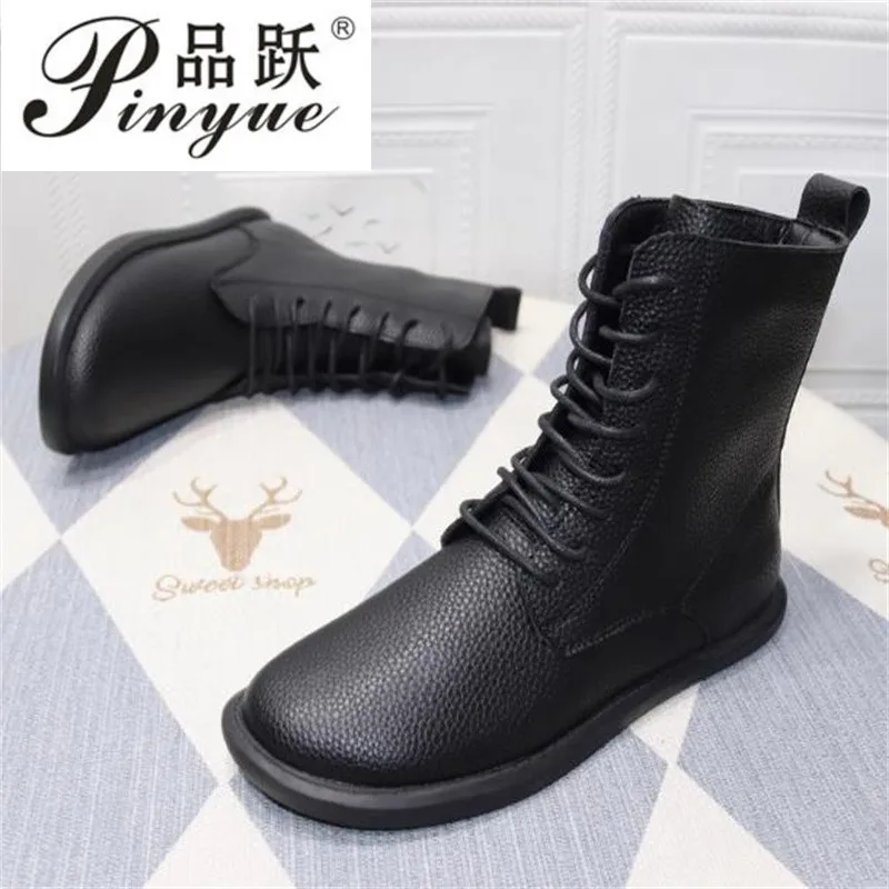 Women Fashion Genuine Leather Winter Mid-calf Boots Women Lacing Leather Boots Size 35-41 English ankle boots