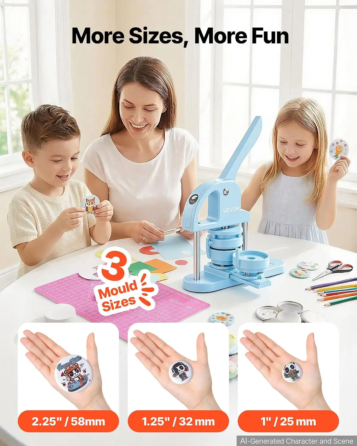 Button Maker Machine 1/1.25/2.25 inch(25/32/58mm) Pin Maker Bule  with 300pcs Button Parts, For Children DIY Presents, 3-in-1