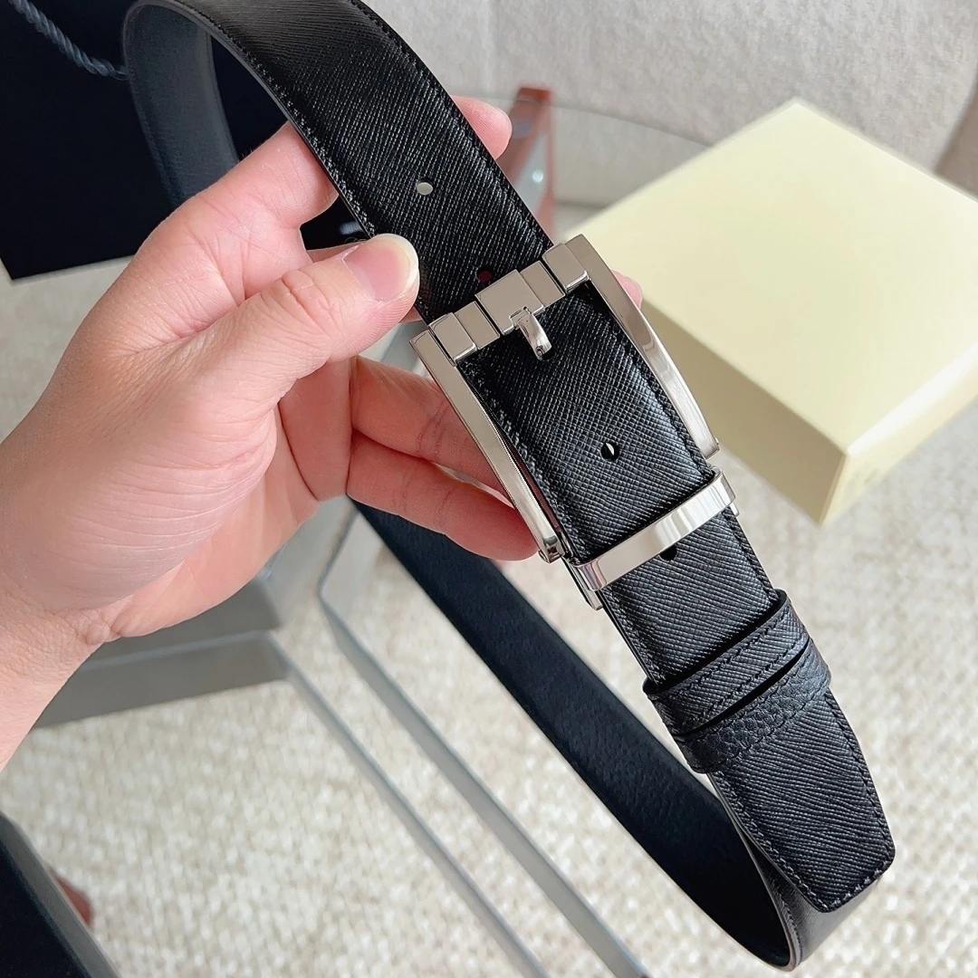 Casual Business Formal Waist Strap Luxury Men's Genuine Leather Belt Reversible Rotatable Square Pin Buckle Pebble Cross Grain
