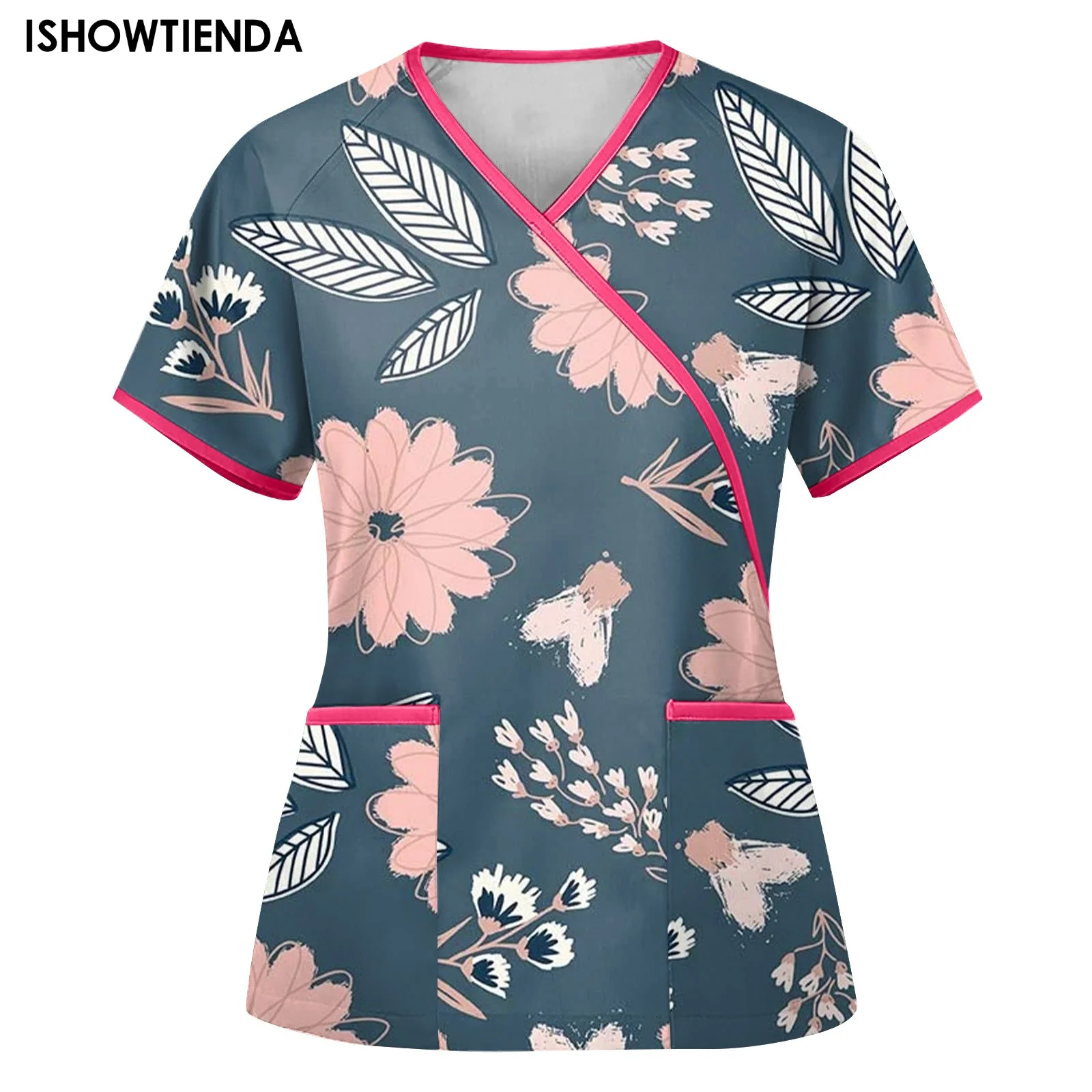 Plant Print V-neck Carer Top Casual Short Sleeve Women Scrubs Top Nursing Uniform Nurse Shirt Working Medical Uniforms Supplies