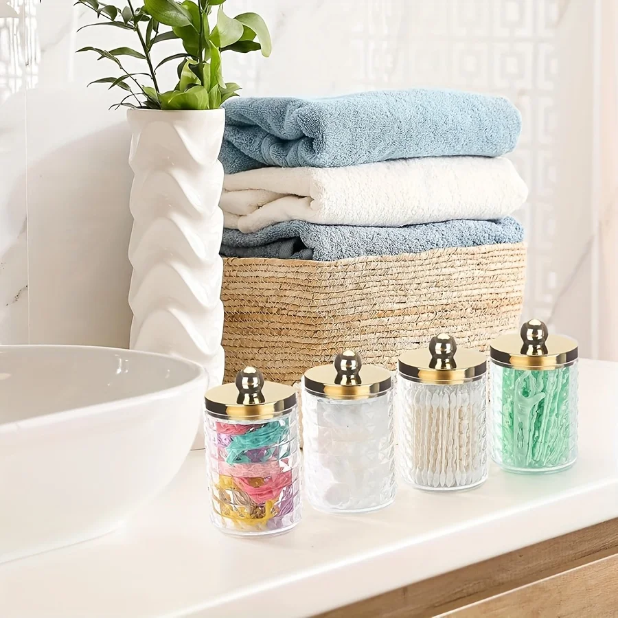 3 Pack/4 Pack Qtip Holder Dispenser Makeup Organizer for Cotton Ball, Cotton Swab,Floss Picks - 10 oz Plastic Apothecary Jar