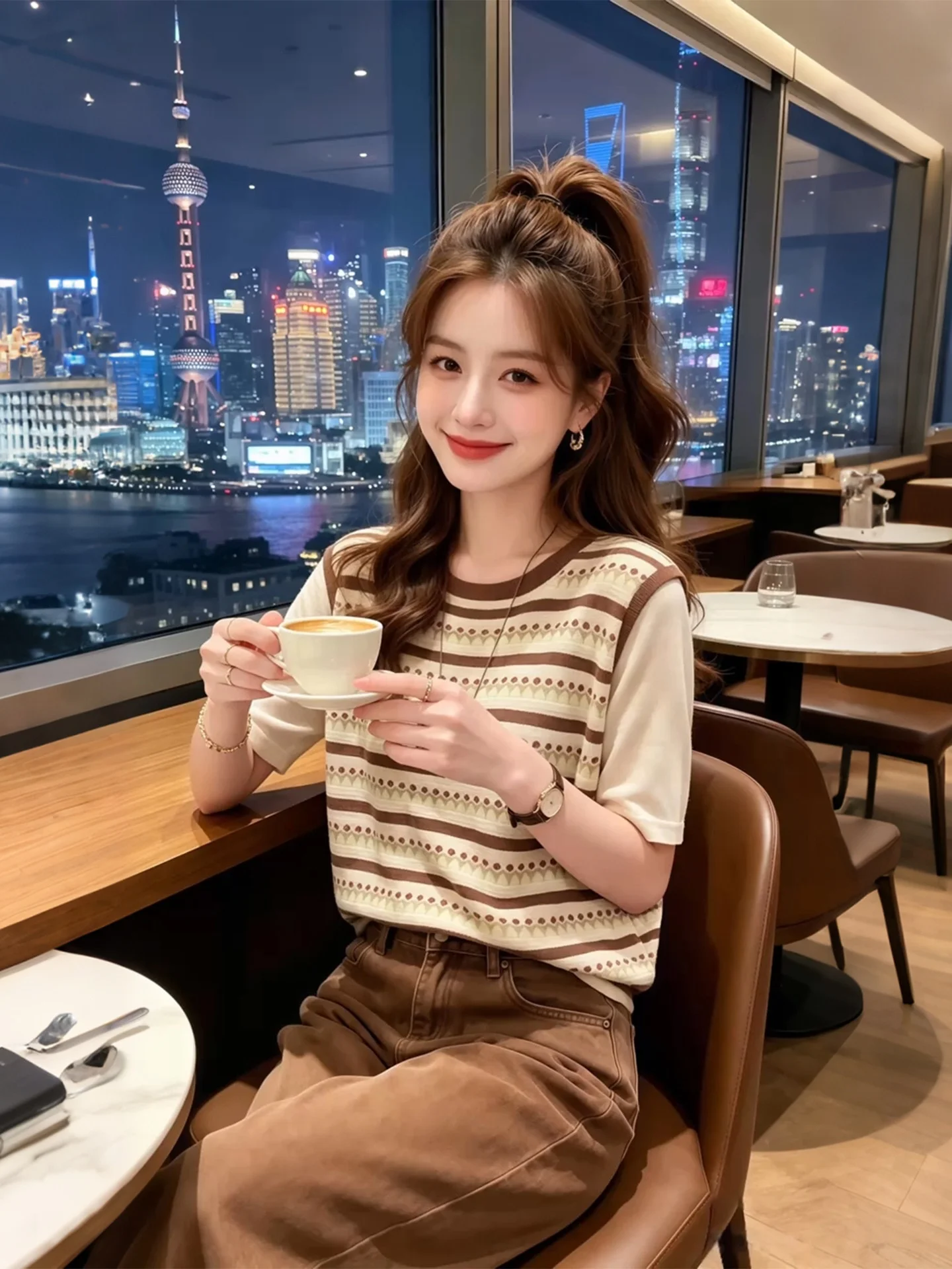 

Retro Striped Loose Wide Leg Pants Two Piece Set Fake Two Piece T Shirt Casual Style Breathable Lightweight Summer Outfit