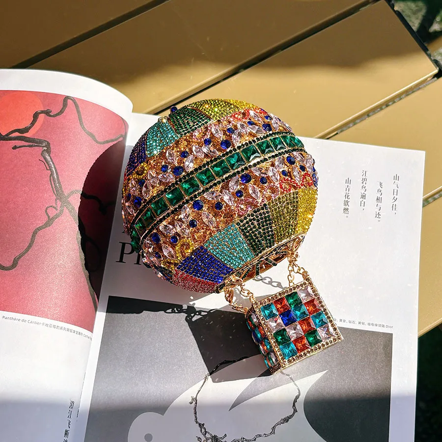 small creative hot air balloon shiny diamond-encrusted colorful full diamond dinner bag niche design metal messenger bag