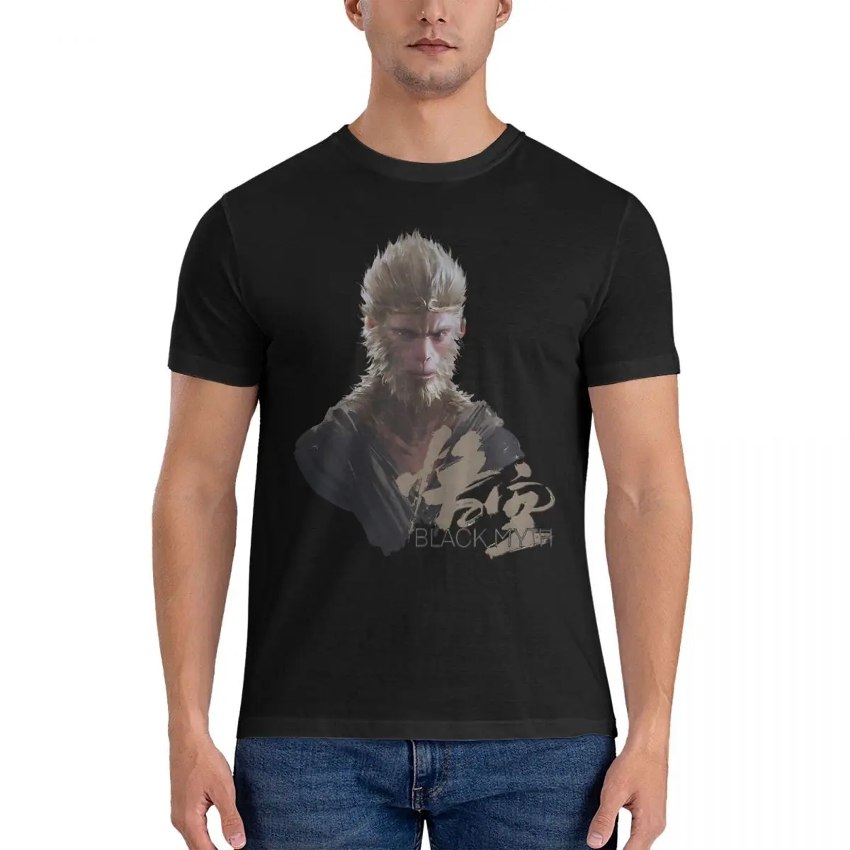 T-shirt manches courtes col rond homme, noir, mythe Wukong, décontracté, 100% coton, cadeau d'anniversaire