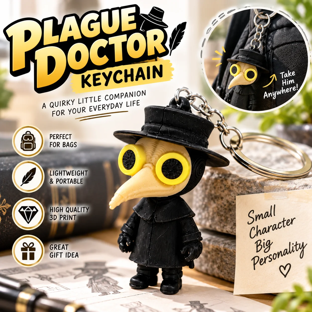 3D Printed Plague Doctor Keychain, Unique and Fun Small Pendant, A Great Choice for Christmas Gifts, Decorating Keychains