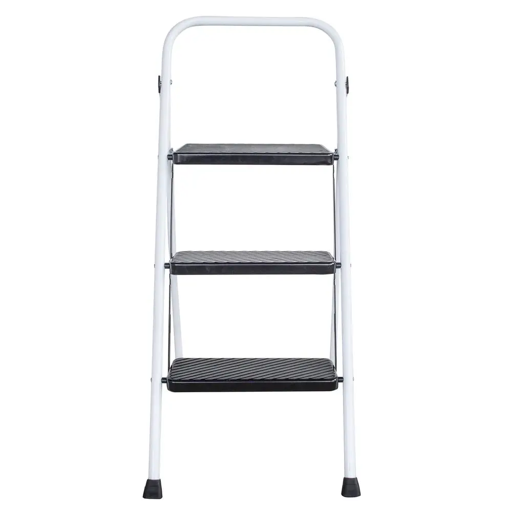 Three Step Folding Utility Step Ladder Lightweight Collapsible Metal Frame Non Slip Steps Compact Storage Easy Grip Handle Home