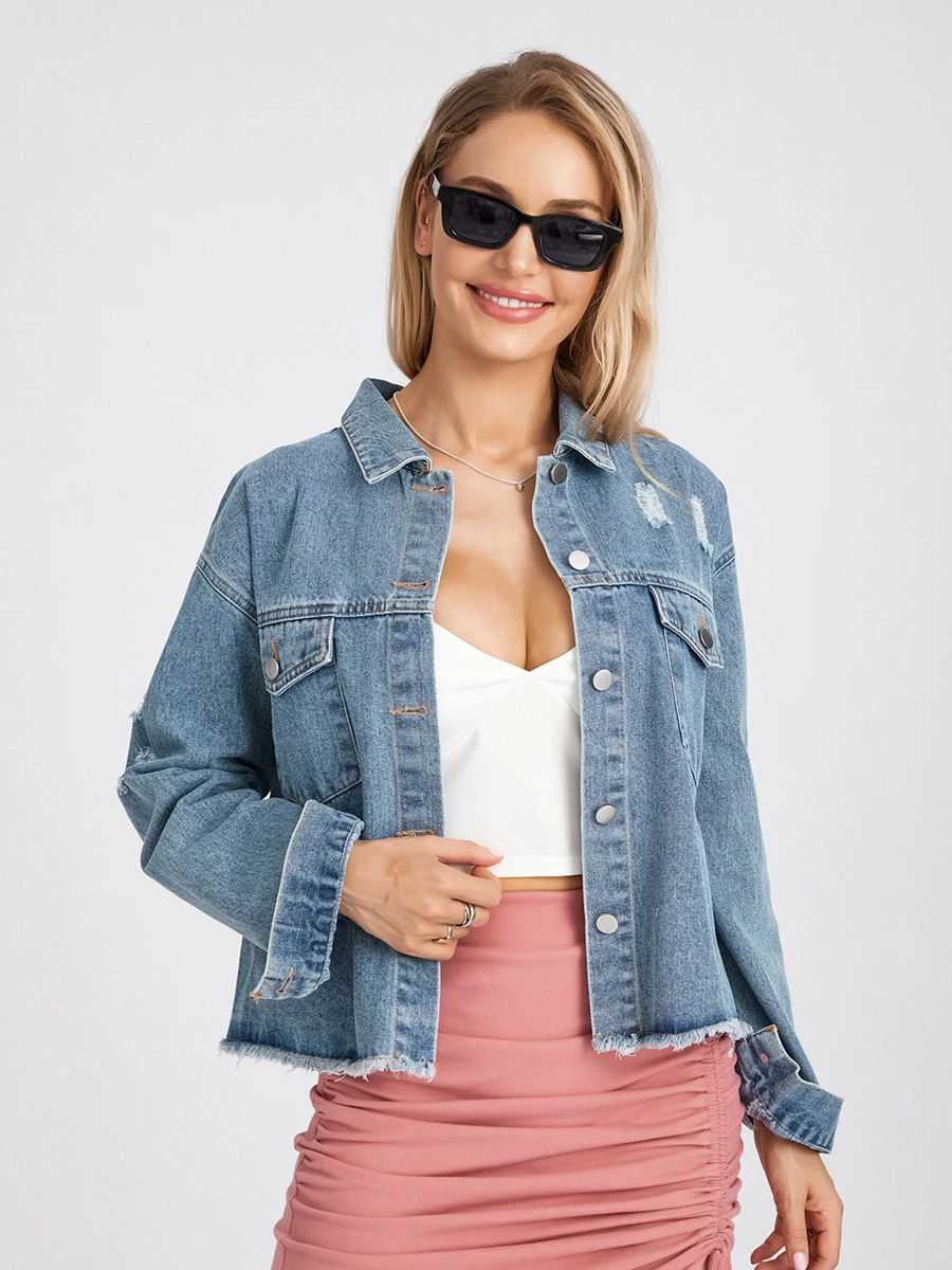 

Casual Oversized Denim Jacket with Distressed Details and Long Tassel Fringe Sleeves