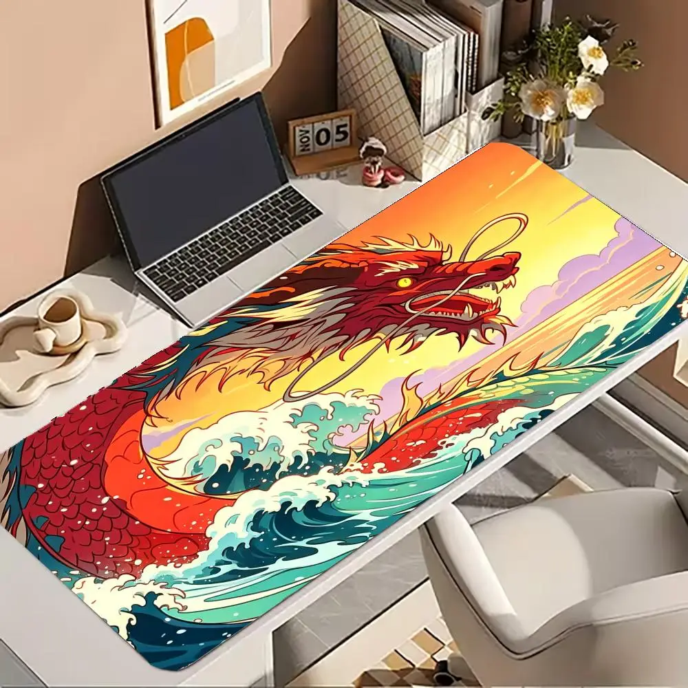 Traditional Oriental Red Dragon Wave Large Gaming Mouse Pad , Sunrise Sea Surf Non-Slip Stitched Edge Desk Mat view 3