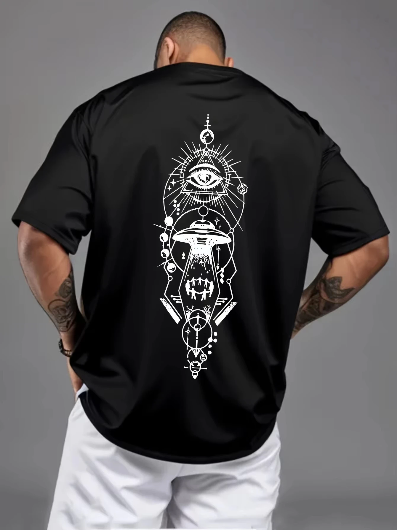 Unisex Back Print T‑shirt UFO All‑Seeing Eye Mystical Occult Graphic Tee Crew Neck Short Sleeve Cosmic Streetwear Casual Top