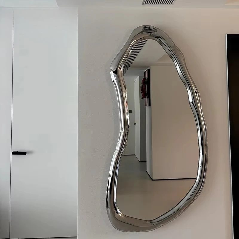 Modern Polished Stainless Steel Frame Abstract Wave Edge Durable Wall Mirror