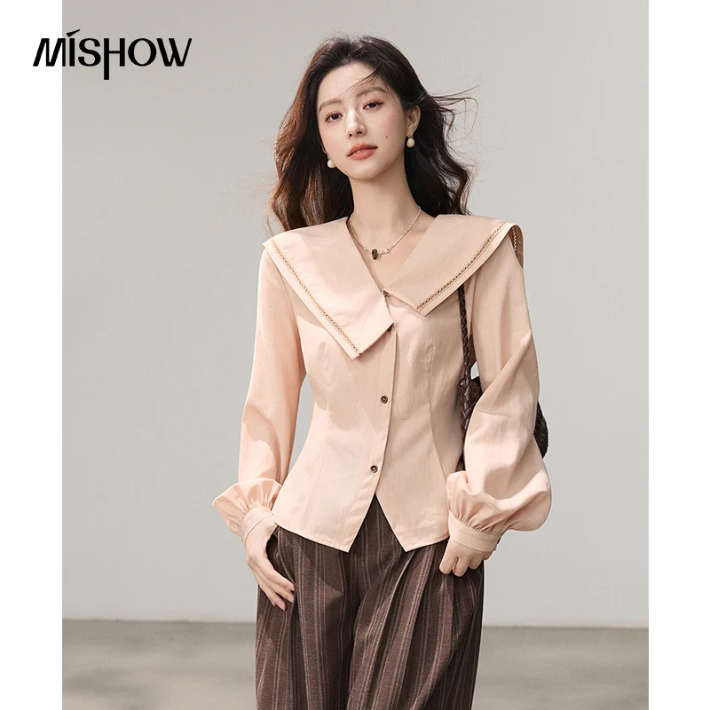 

Женская асимметричная рубашка MISHOW с матросским воротником, весна 2026, из лиоцелла, с пышными рукавами, свободный крой, однотонная, для офиса, MXF16X2572