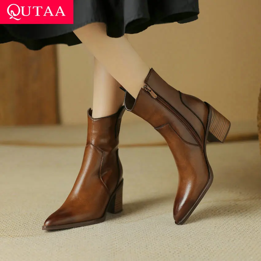 QUTAA 2024 Autumn Winter Women Ankle Boots Genuine Leather Pointed Toe Zipper Square High Heel Lady Shoes Woman Size 34-39