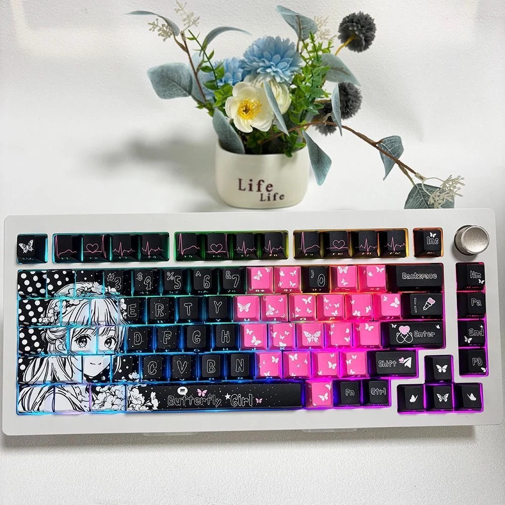 EN:​ Custom Heart Girl Theme Keycaps, Cherry Profile PBT 5-Side Dye-Sub Side Print Translucent, Cute Anime Style Gift