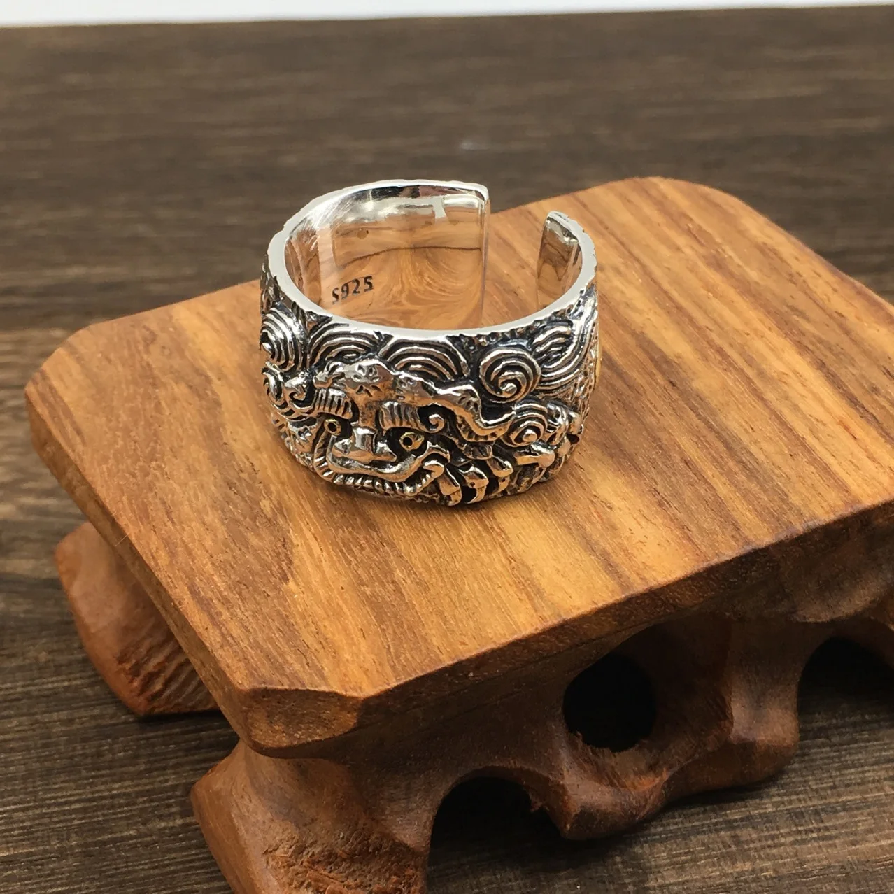 

S925 sterling silver thai silver mythical beast pixiu ring retromen domineering fingers wide version open ring