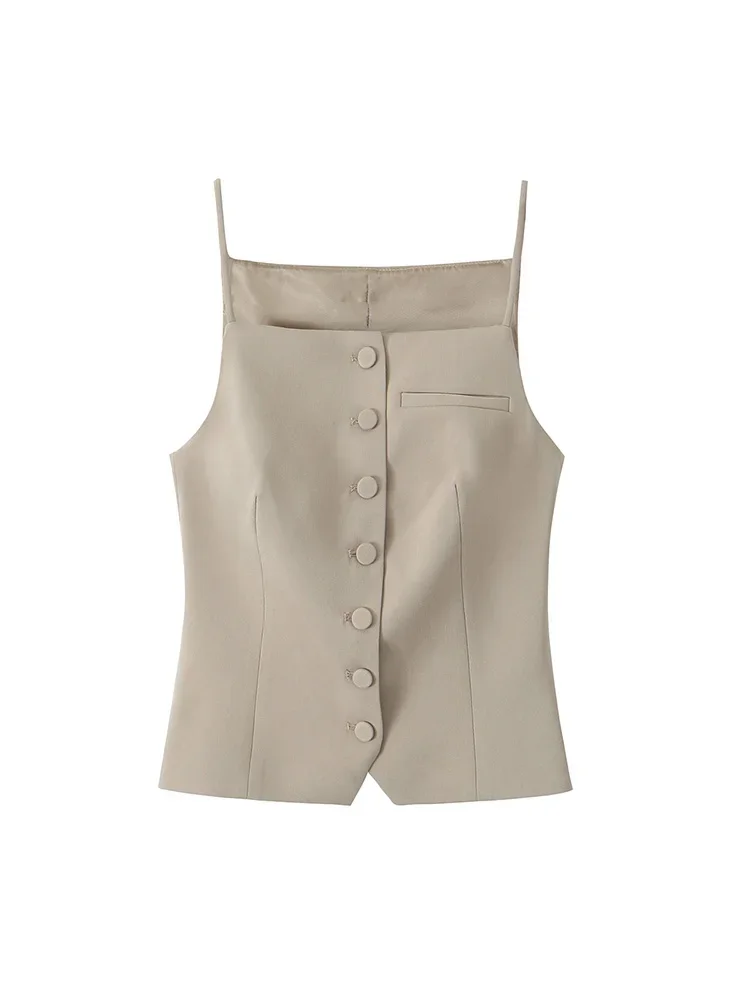 Willshela Women Fashion Khaki Single Breasted Vest Vintage Thin Straps Square Collar Female Chic Lady Tank Tops