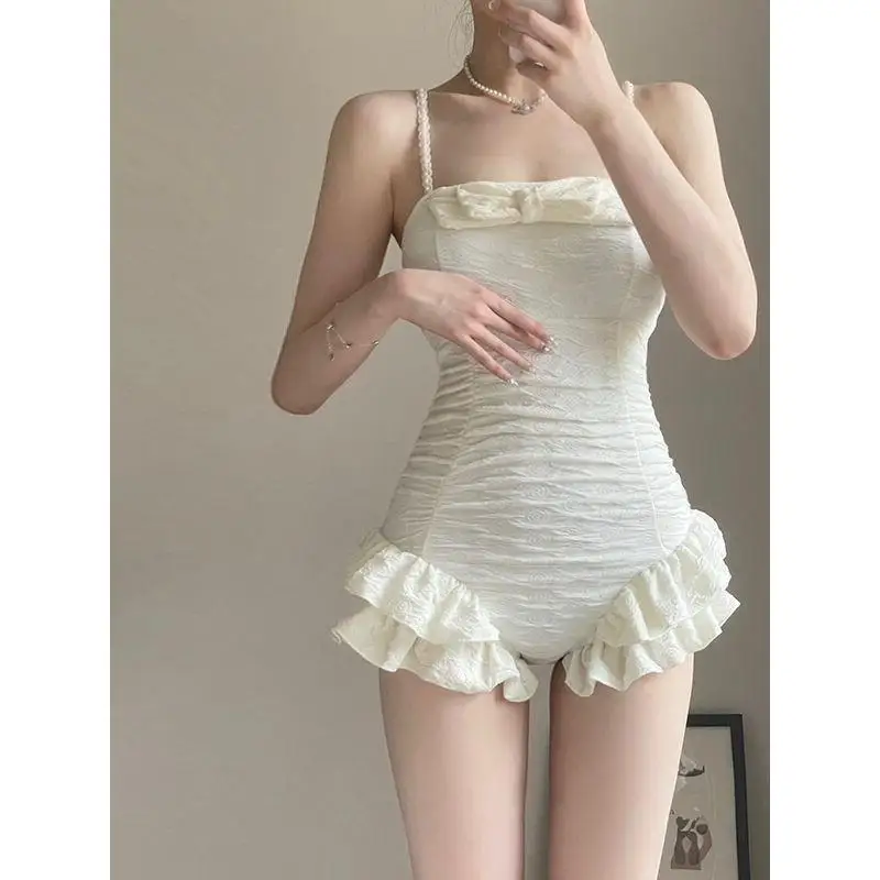 

2026 Модный женский купальник-треугольник из спандекса, корейский стиль, для горячих источников, милый, скромный, облегающий, пуш-ап, для небольшой груди