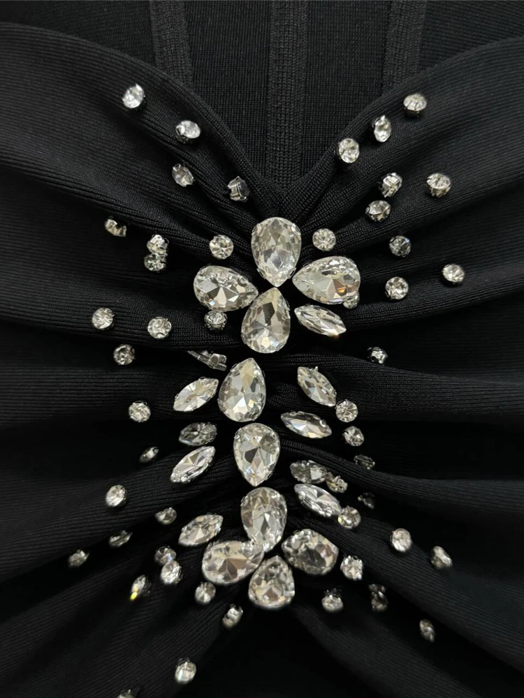 لامعة الديكور أنيقة ضمادة فستان أسود طويل فستان للنساء طويلة الأكمام الماس كريستال طيات Bodycon حفلة المشاهير #3