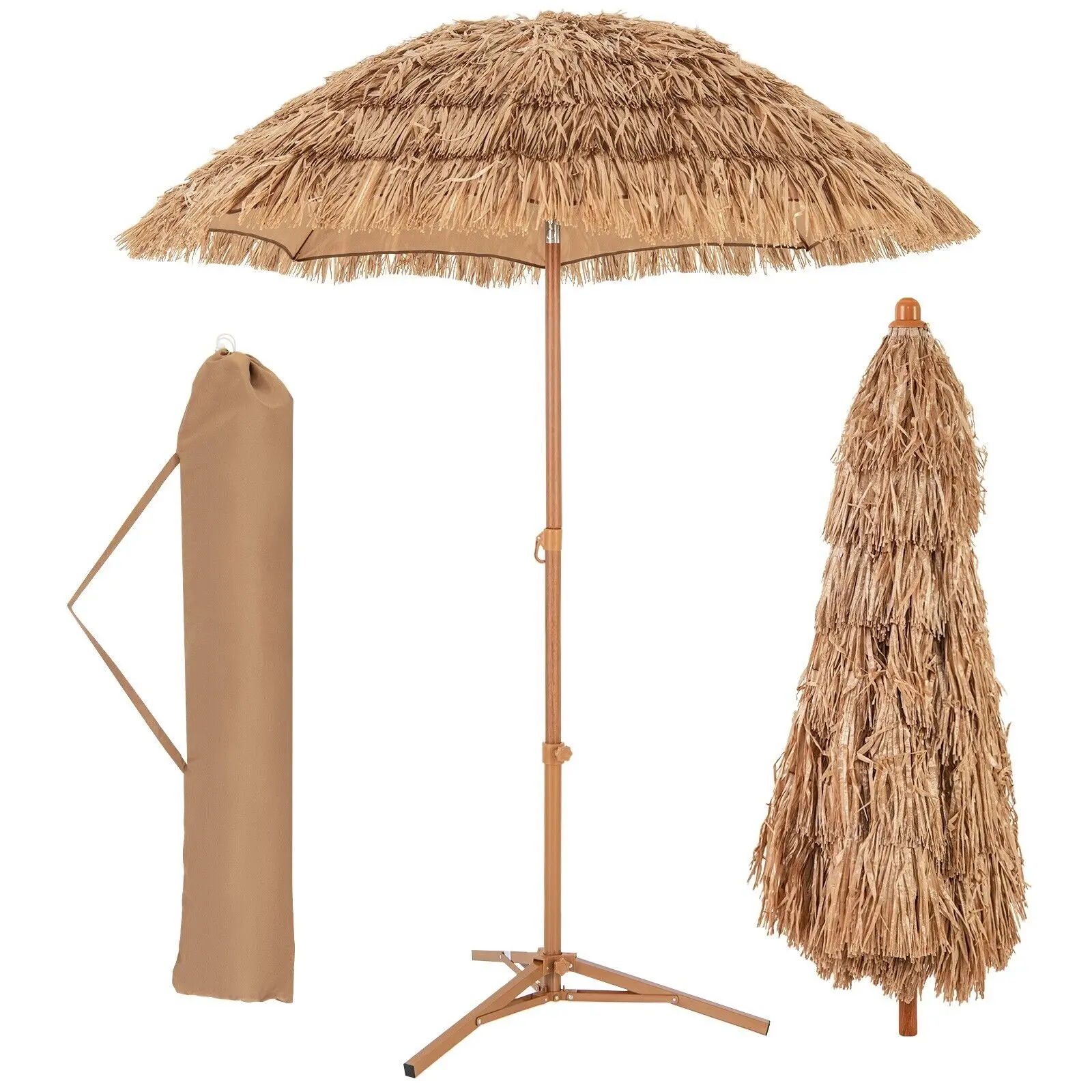 GOFLAME 170cm Thatched Tiki Umbrella Hawaiian Beach Umbrella Push Button Tilt