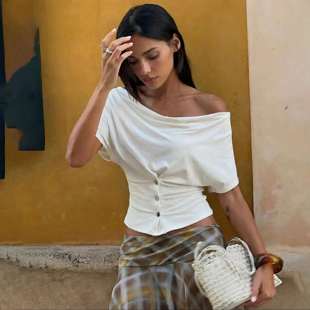 Women Summer Top Fashion Button-Front Patchwork V-Neck Pleated Fitted Top New Casual High-Street Party Female T-Shirts