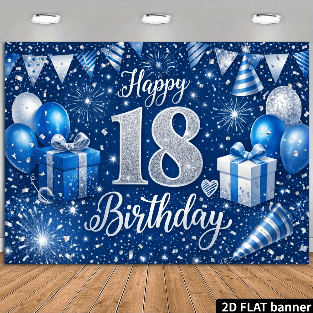 2D plane 18th birthday party backdrop cloth, blue and silver gift box, hat, firecrackers, triangular flag decorationzyc