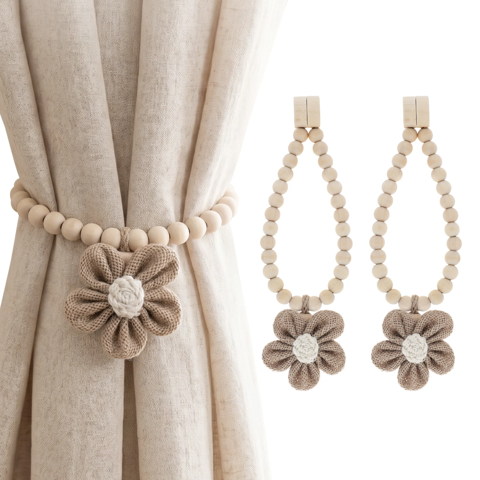 2 Pcs Lovely Flower Magnetic Curtain Holder Tiebacks for Bedroom Classic Style Wooden Bead Curtains Tie Backs Strap Clip Buckle