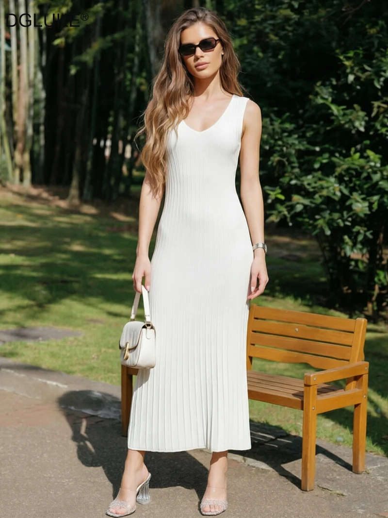 

DGLUKE Womens Long Summer Dresses Casual Knit Sleeveless V-Neck Vacation Beach Maxi Dress For Women Sundress