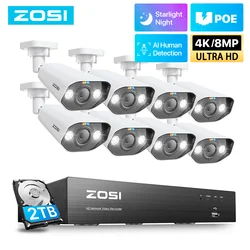 ZOSI 8MP 5MP POE Security Cameras System 8CH 4K NVR Kit Two Way Audio IP Camera Human Detect Outdoor Video Recorder Surveillance