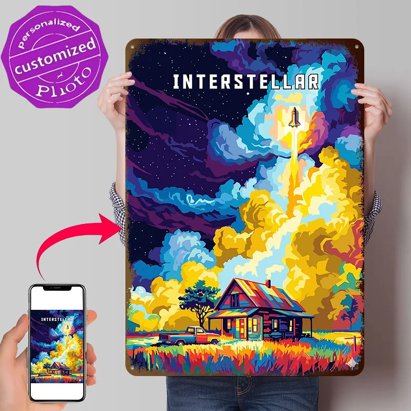 Interstellar Movie Art Personalized 3D Textured Metal Poster Wall Art Tinplate Sign for Vintage Home Decor Items Man Cave Room