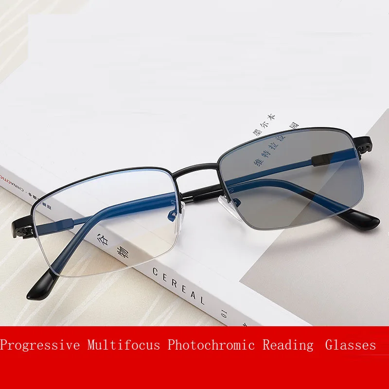 

Titanium Progressive Multifocus Photochromic Reading Glasses Men Anti-blue Light Half Frame Multifocal Readers Eyeglasses