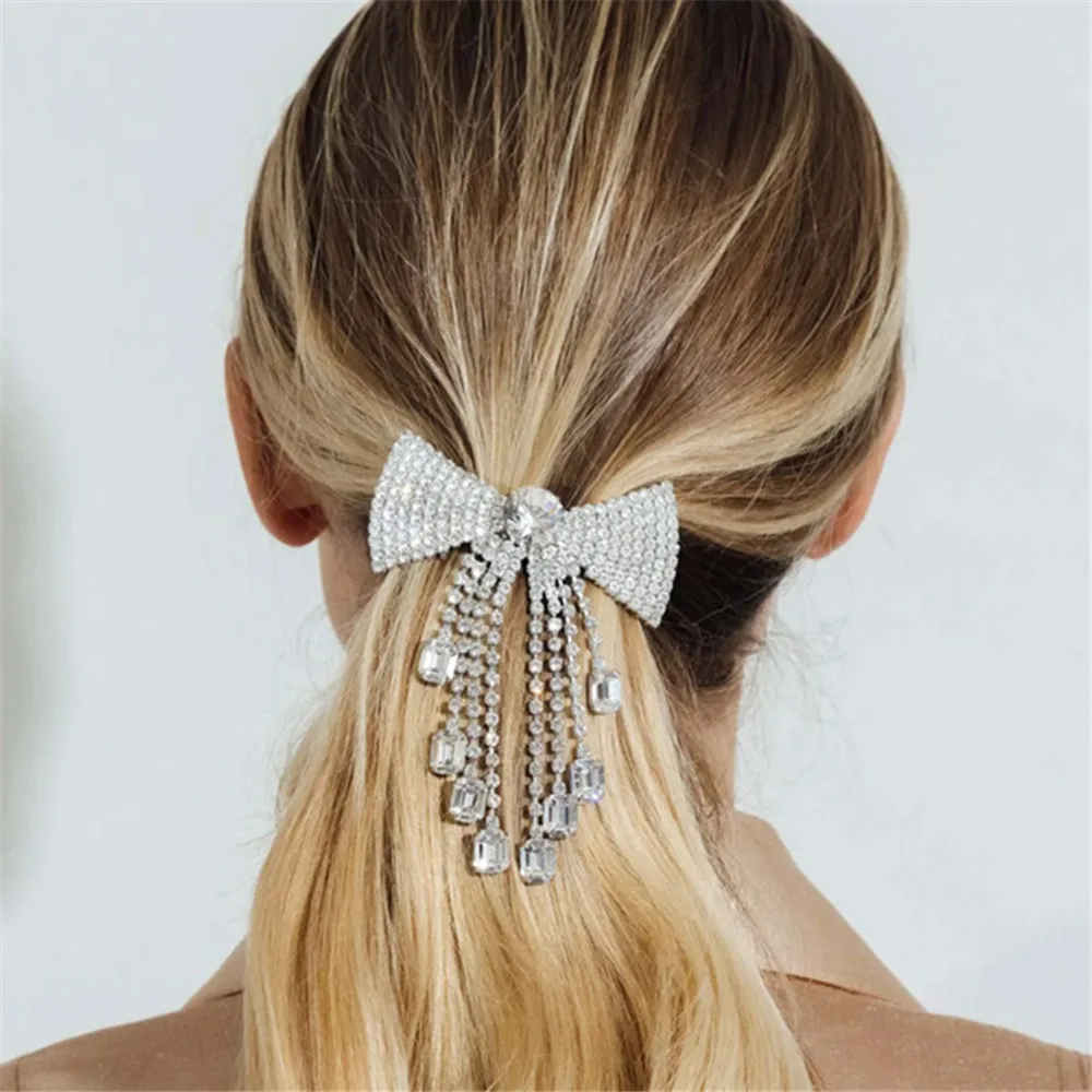 Luxury Rhinestone Butterfly Tassel Square Pendant Hair Clips Hair Comb Hair Jewelry for Women Crystal Bow Hairpin Hair Ornaments