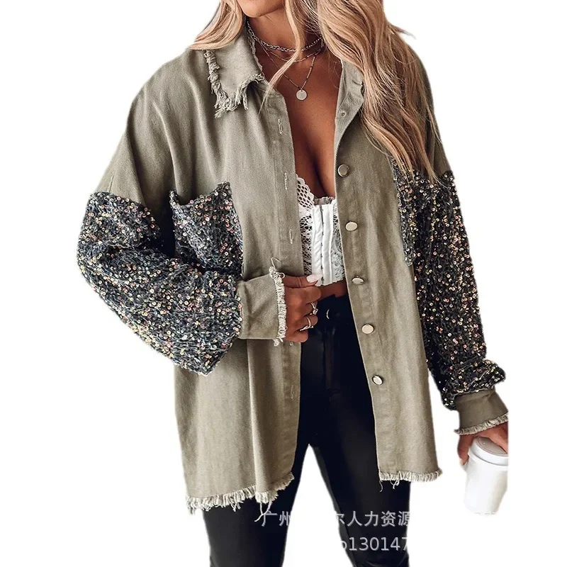 Women Shirt Jacket Contrast Sequin Raw Hem Shacket Long Sleeve Loose Single Breasted