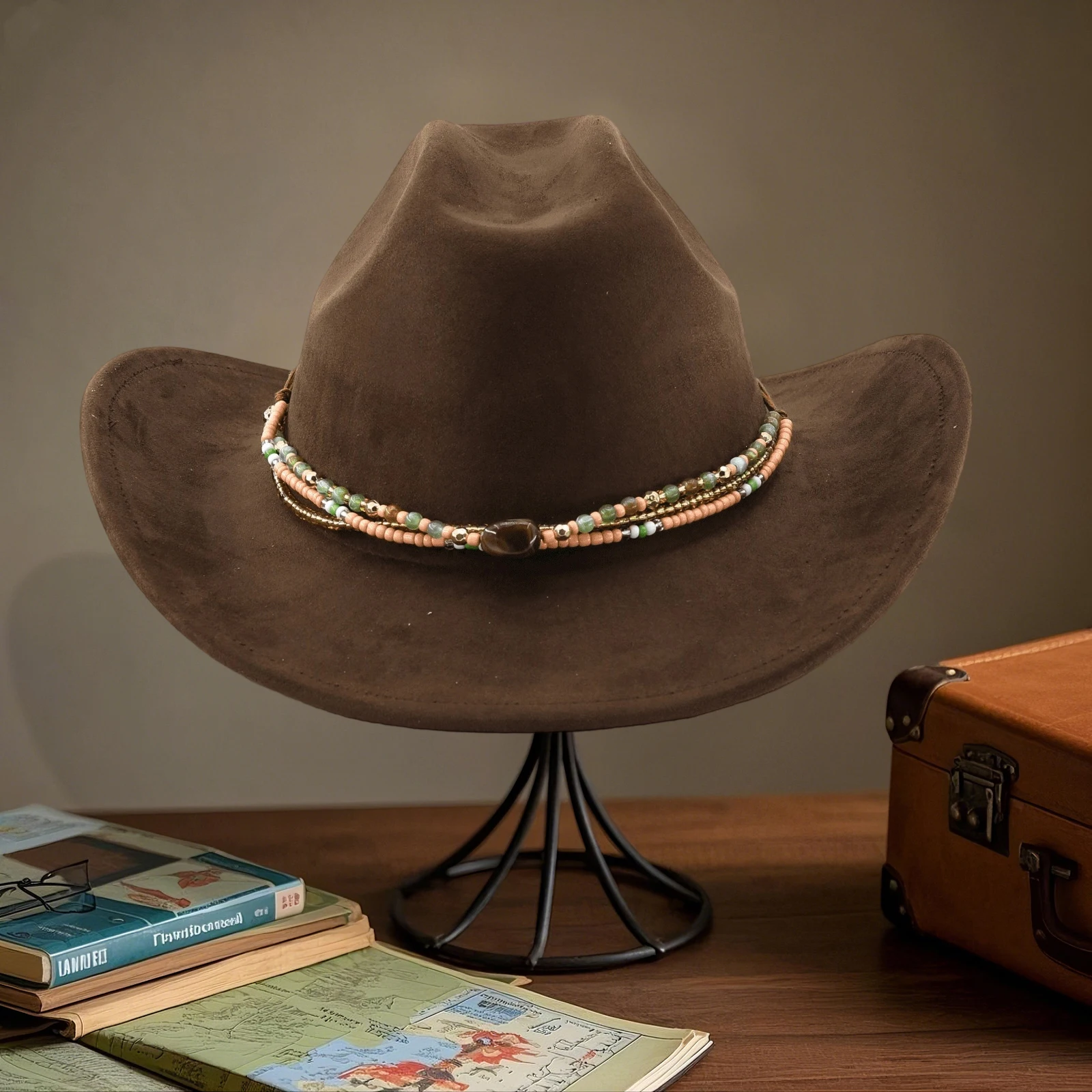 Felt Cowgirl Hat Stylish Beaded Strap Western Hat Wide Brim Jazz Cap for Daily Life Party