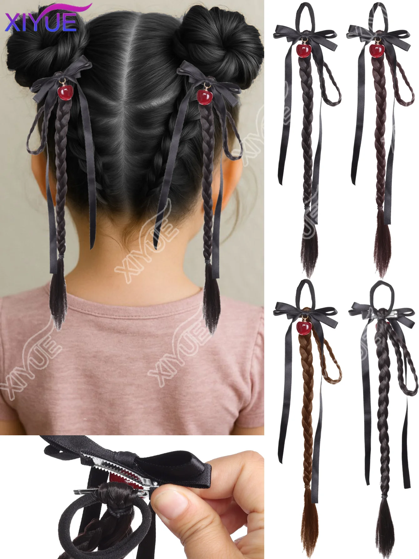 XY Synthetic Long ponytail cherry On Bow BraidPonytail Hair Extensions Heat Resistant Pony Tail Hair piece For Women Daily Party