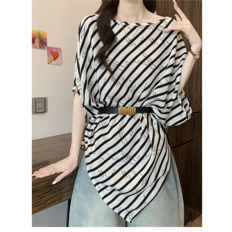 Wiosna Lato Duży Rozmiar Szyfonowa Koszula Damska 2025 Nowa Moda Luźna Codzienna Koszula w Paski z Paskiem w Talii Elegancka Bluzka Damska