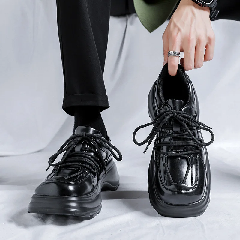 

Men's Japan Karajuku Korean Style Fashion Streetwear Thick Platform Casual Black Leather Shoes Male Lace Up Sneakers Shoes