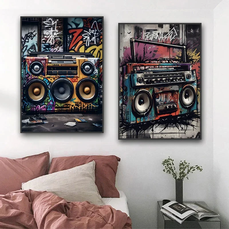 Graffiti Street Radio Speaker Skull Pop Music Girls Poster Print Canvas Painting and Wall Art Pictures Studio Office Room Decor