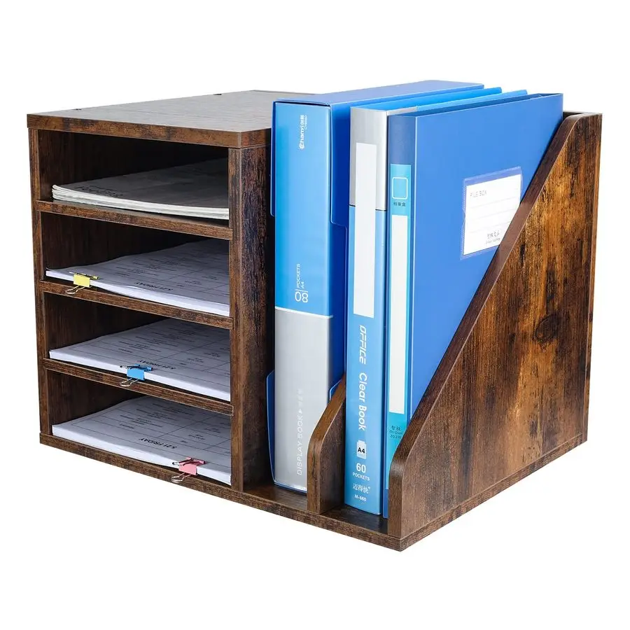 Wood Desktop File Holder Organizer Mail Sorter for File Folders, Mails, Envelopes, Mailing Supplies or Magazines, Brown